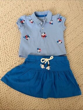 BearPaw Light Blue Floral Polo and Royal Blue Skirt Set